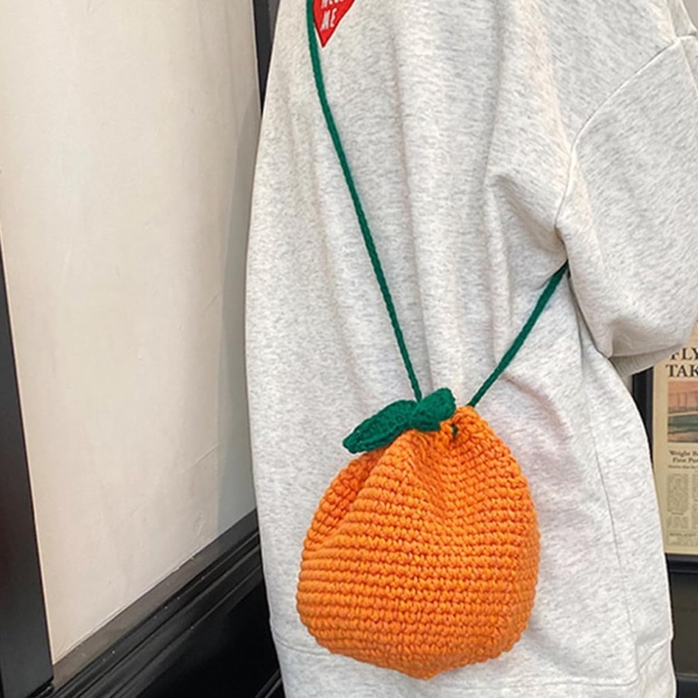 🍊NEW Tangerine Crochet Crossbody Shoulder Bag Round Orange Green Cute Novelty